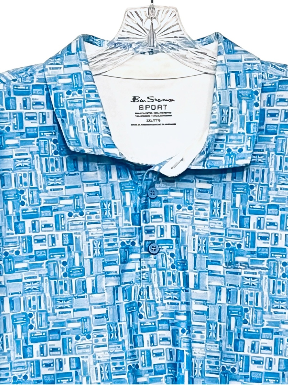 Ben Sherman Polo Sz 2XL UPF 50+ Blue Cassette Tapes Tech UNIQUE Print Shirt NWOT - Picture 4 of 9